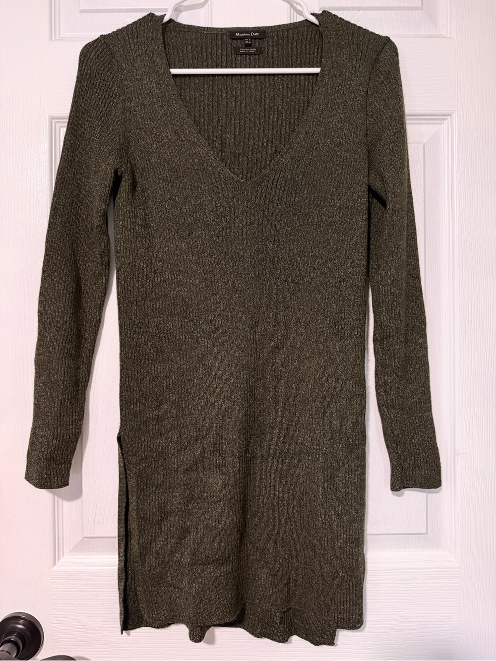 Massimo Dutti Olive Knit V-Neck Long Sleeve Dress